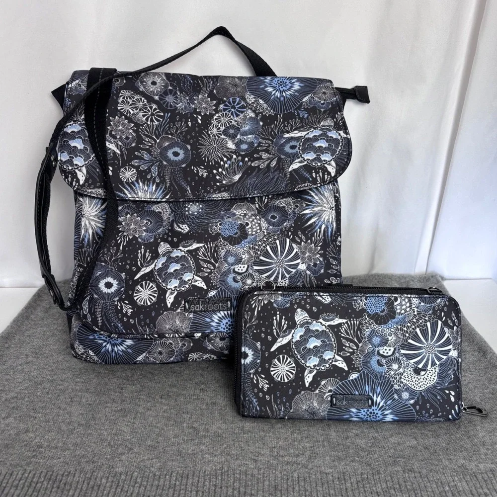 Sakroots Olympic Sea Turtle Backpack and Matching Wallet Set Blue Black  Nwot